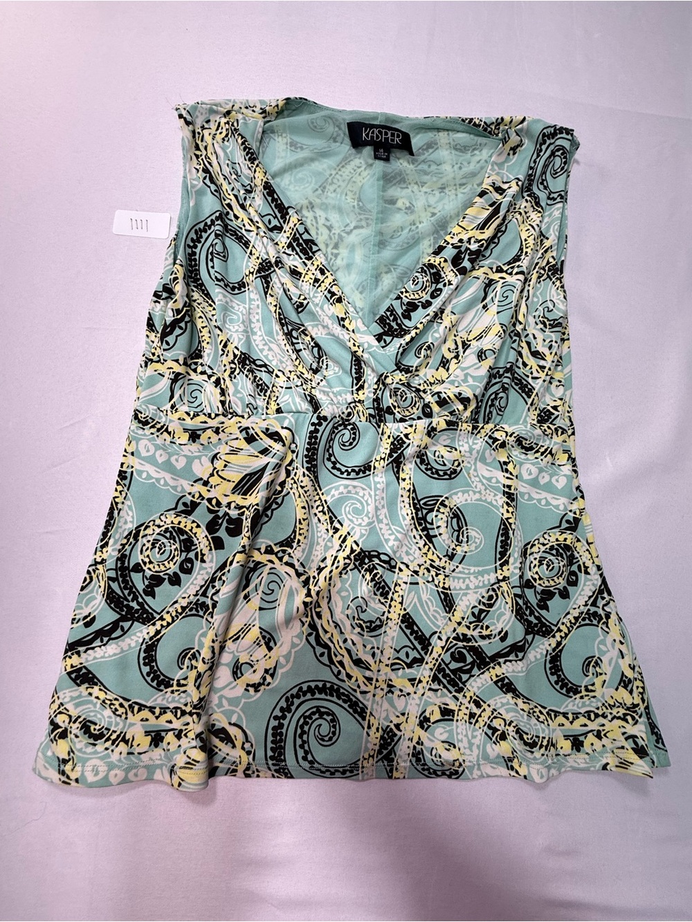 Kasper Mint Paisley V-Neck Sleeveless Camisole with Yellow & Black Accents